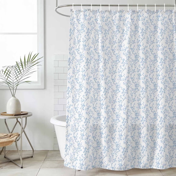 Blue Spring Floral Waterproof Shower Curtain, 72"x72" Washable Polyester Fabric Shower Curtains for Bathroom, Summer Botanical Watercolor Decorative Bathtub Curtain Sets with Hooks