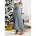 thumbnail image 2 of Medium Wash Ruffle Split Thigh Denim Skirt Long Maxi Style, 2 of 6