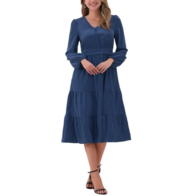 Vestido V de Cuello Inspire Chic para Mujer con Mangas de Linterna, Volantes, Corte A, Elegante, Casual, Midi, Talla S, Azul Oscuro