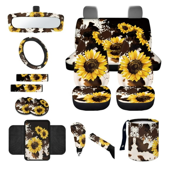 Yuyamidu Sunflower Car Seat Covers Brown Cow Print Steering Wheel Cover Seat Belt Strap Pad Handbrake Cover Gear Shift Knob Cover Rubbish Bin Armrest Pad Rearview Mirror Cover Coasters, Set of 14