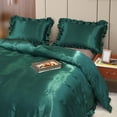 thumbnail image 3 of Romantic Ruffle Satin Silk Duvet Cover Queen Size Dark green Luxury Solid Color Bedding Set Cooling Soft Smooth Silky Comforter Cover, 3 of 3