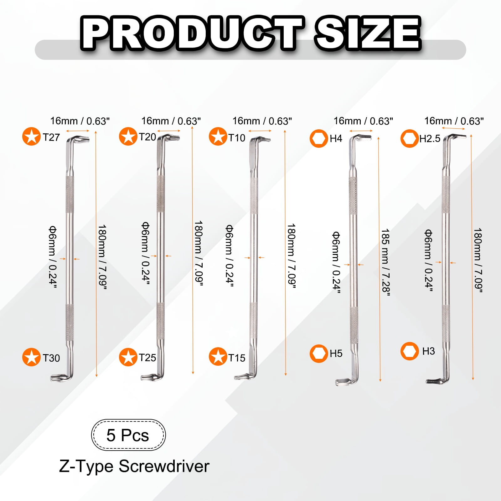 5PCS Offset Screwdriver Set H2.5/H3 H4/H5 T10/T15 T20/T25 T27/T30 Right Angle 90 Degree Screw Driver Double Ended Z-type Hand Tool for Repair, Silver