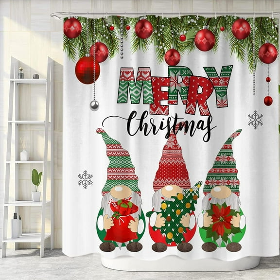Christmas Gnomes Shower Curtain, Xmas Holiday Cute Gnome Fabric Shower Curtains Set for Bathroom Decoration with Hooks 72 X 72 Inch Merry Christmas Winter Bath Decor