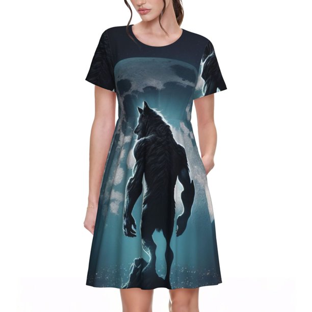 Disketp Moon Wolf Warrior para Vestido de Manga Corta para Mujeres, Vestidos de Verano para Mujeres, Casual y Holgado para la Playa