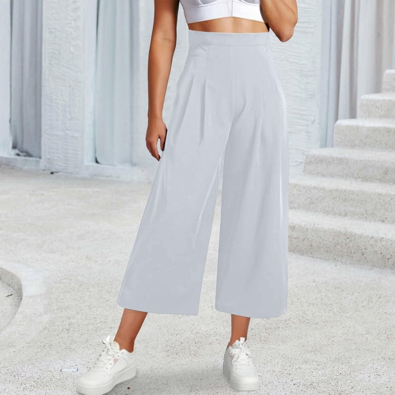 Fgnfyis Womens Wide Leg Cropped Suit Pants Work Business Summer Pleated  Waisted Side Zipper Up Trousers with Pockets for Elegant Wear Green M