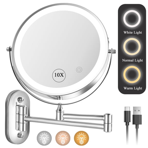 JUUTREN Bathroom Vanity Mirror with Lights, 8" Double Sided 1X/10X Magnifying, 3 Colors Brightness Adjustable Makeup Mirror, 360°Rotation Extendable Wall Mounted Lighted Makeup Mirror(Chrome)