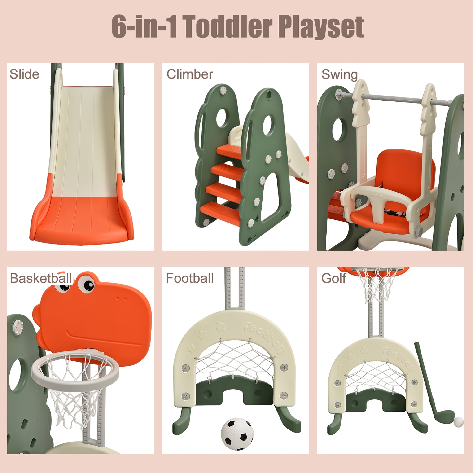 Costway 6 in 1 Toddler Slide and Swing Set Climber Playset w/ Ball Games Orange