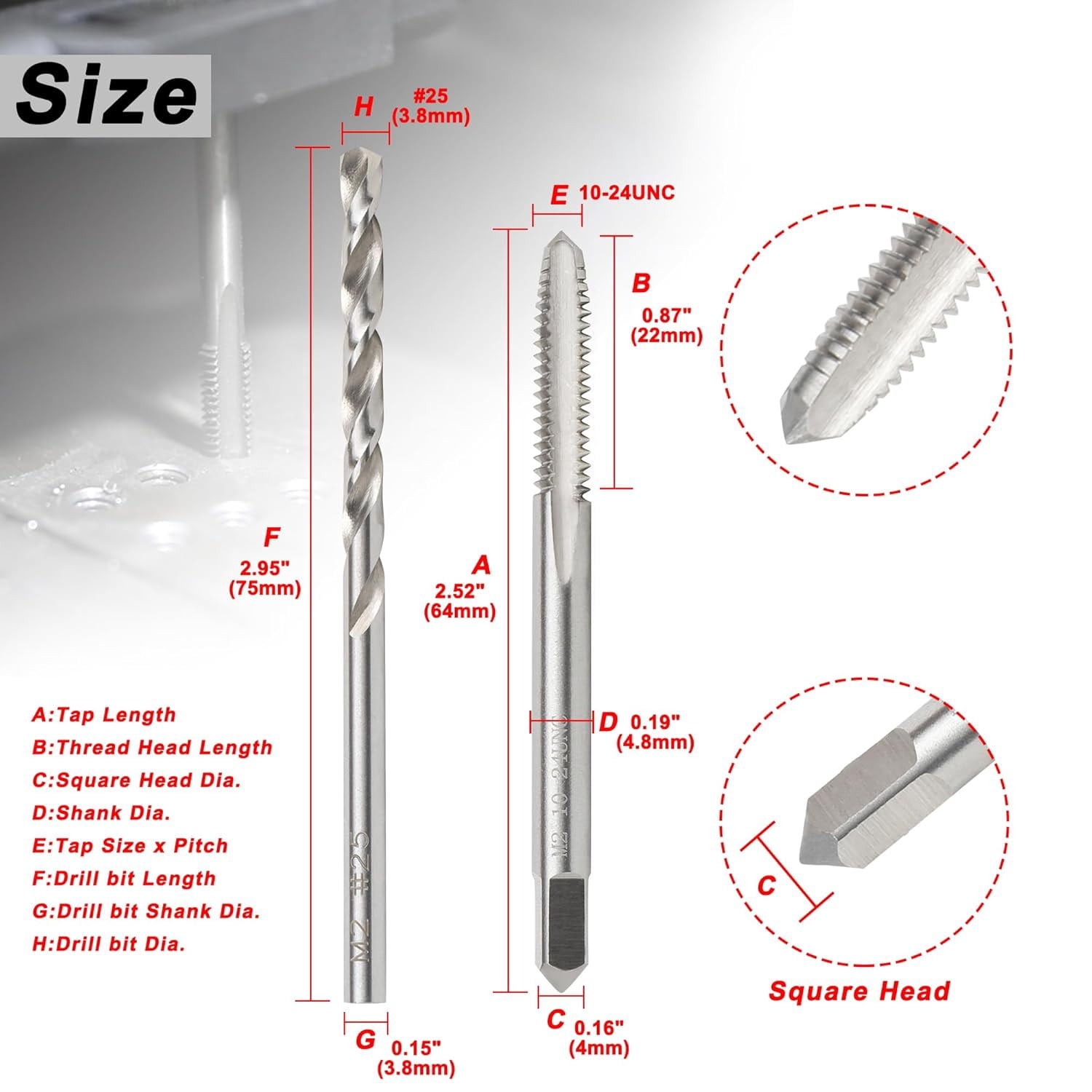 FRKSMD-10-24 UNC Tap and #25 Drill Bit Set, M2 HSS Drill and Tap Set, Machine Screw Tap Drill Bit Kit for Metal