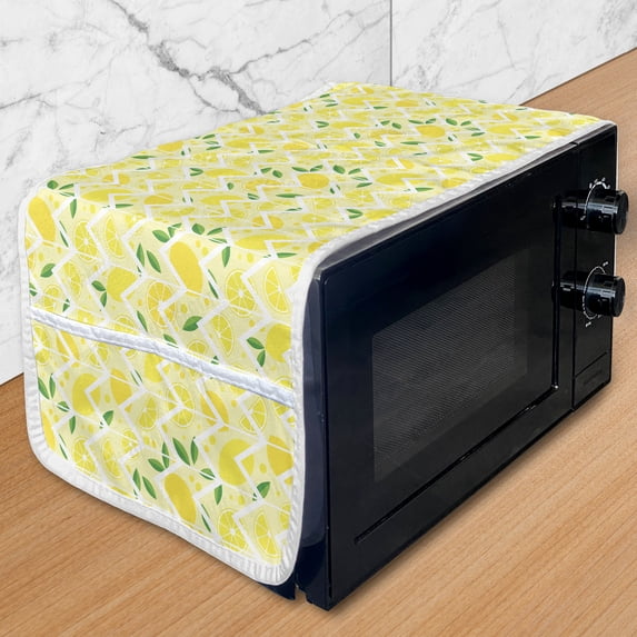 Lemon Microwave Oven Cover, Cartoon Lemons with Zigzags Fruit Ornamental Print, Water Resistant Organizer with Pockets for Kitchen, 36" x 12", Mustard Lime Green, by Ambesonne
