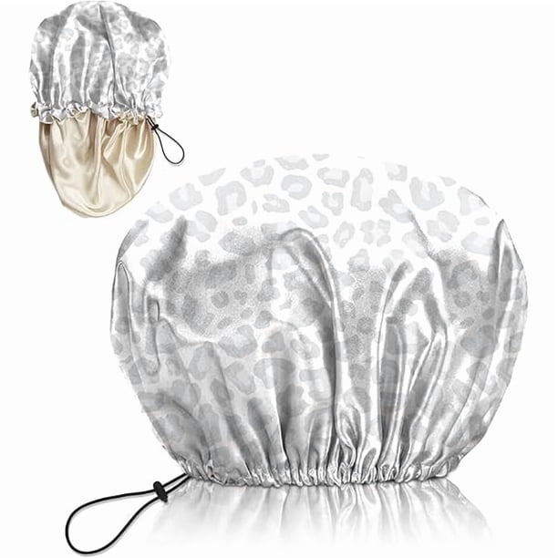 wonima11 Luxury Shower Cap Silk Satin Lined Waterproof Reusable Adjustable Elastic Dry Hair Bathing Caps Cute for Women Girls-Gray Cheetah Leopard
