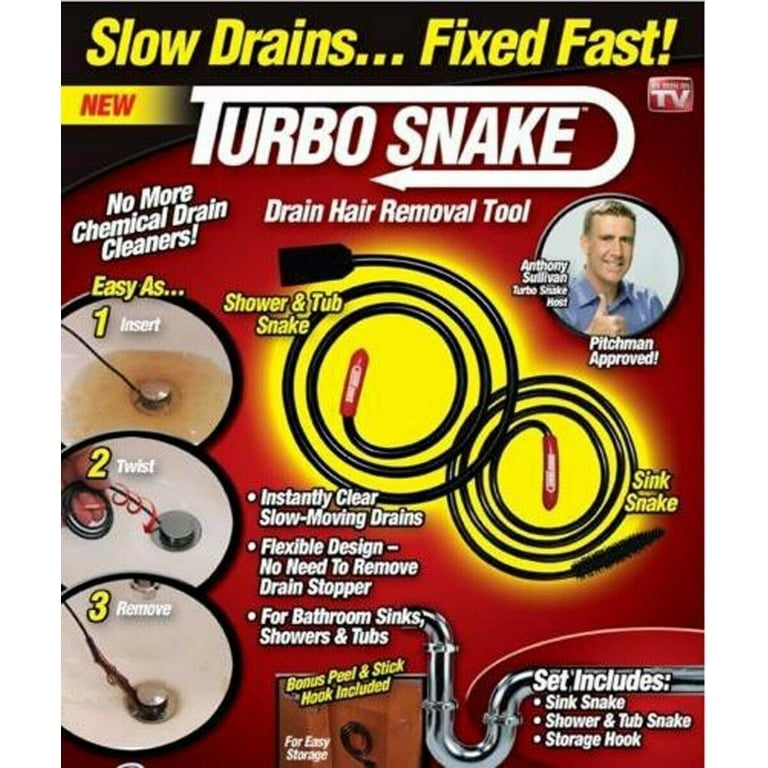 As Seen on TV Snake Turbo Drain Flexible Stick Drain Opener Hair Drain Clog Remover Kit Tool, Black