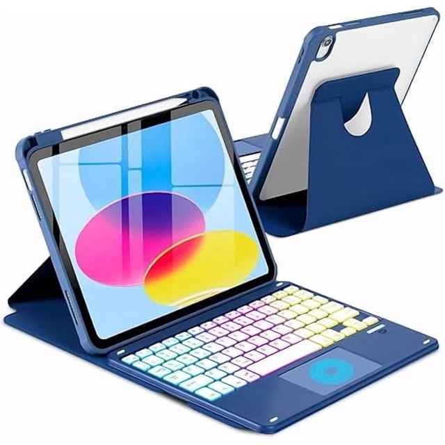 Funda con Teclado Retroiluminado Azul Oscuro, Rotación de 360° con Soporte para Lápiz para iPad 11" 2025/10.9" 2022