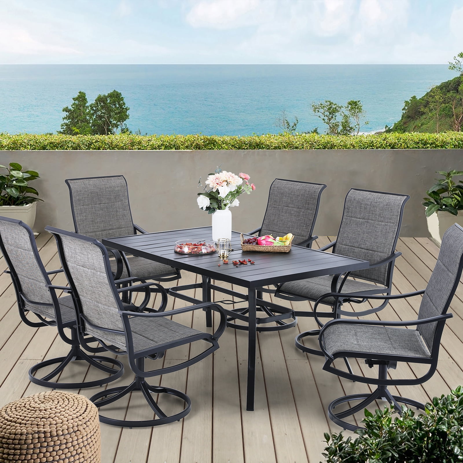 6 x Swivel Chairs with 1 Rectangular Umbrella Table for Outdoor Lawn Garden Black MF Dining Set 7 Pieces Metal Patio Furniture Set 