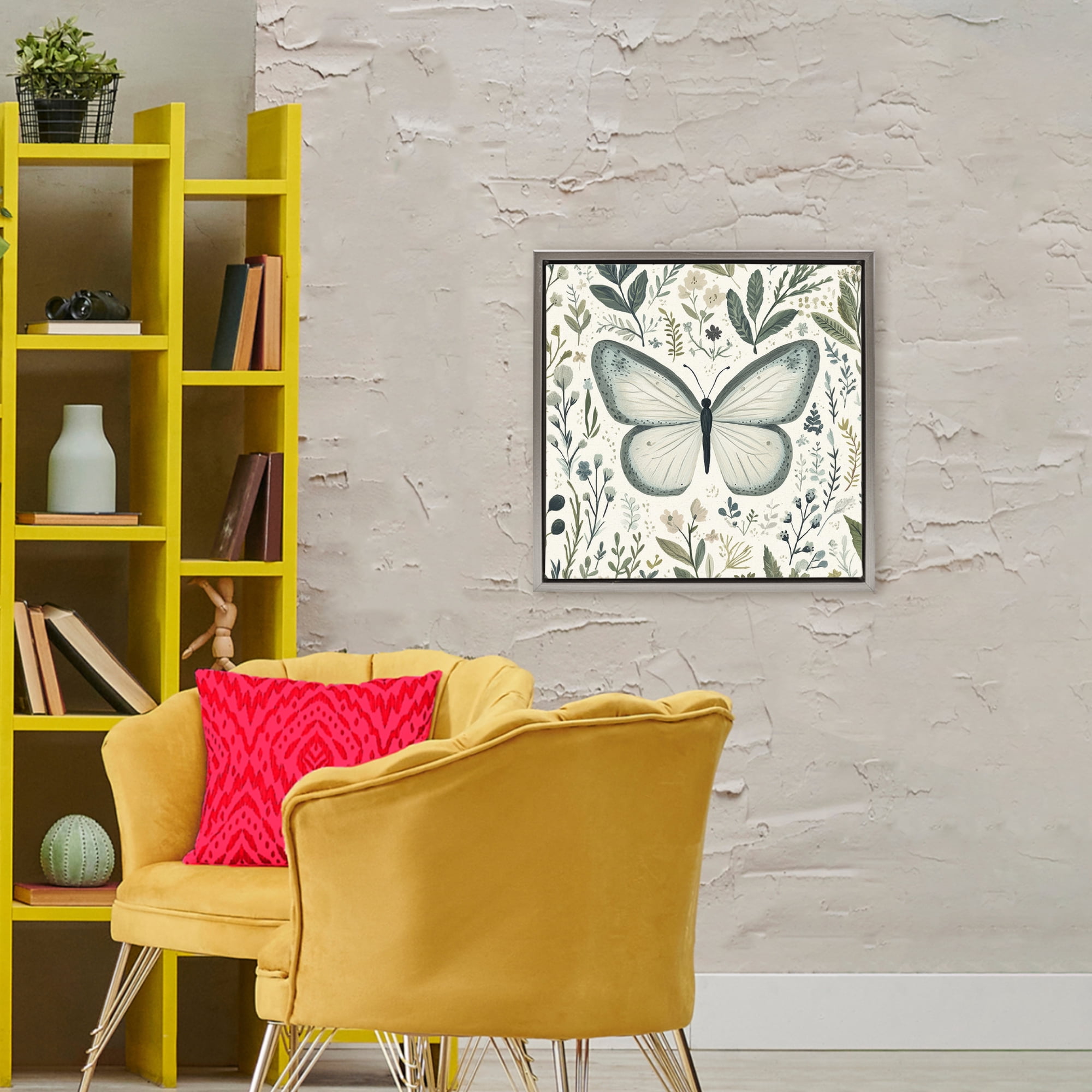 Stupell Industries Dusty Blue Butterfly Botanicals Gray Framed Floater Canvas Wall Art, design by Petal Prints Design