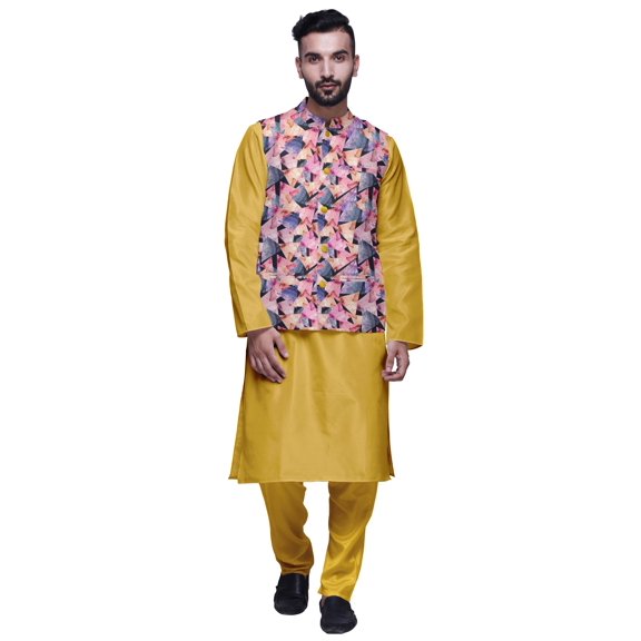 Atasi Ethnic Dupion Silk Kurta Pyajama Set With Printed Nehru Jacket For Mens
