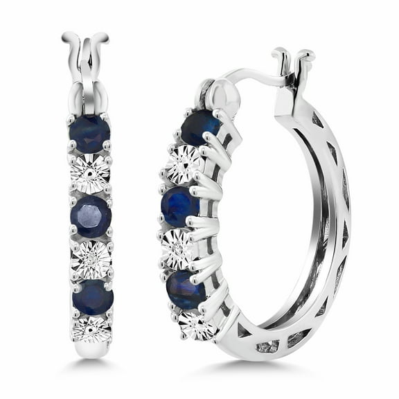 Gem Stone King 925 Sterling Silver Blue Sapphire and White Lab Grown Diamond Accent Hoop Earrings for Women (0.83 Cttw, 22MM = 0.85 inches Diameter)