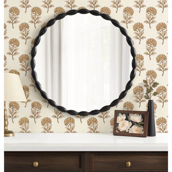 Kate and Laurel Perlina Modern Scalloped Round Mirror, 26 Inch Diameter, Black, Decorative Cast Aluminum Circle Wavy Mirror with Unique Rippled Edge for Dorm Room Decor
