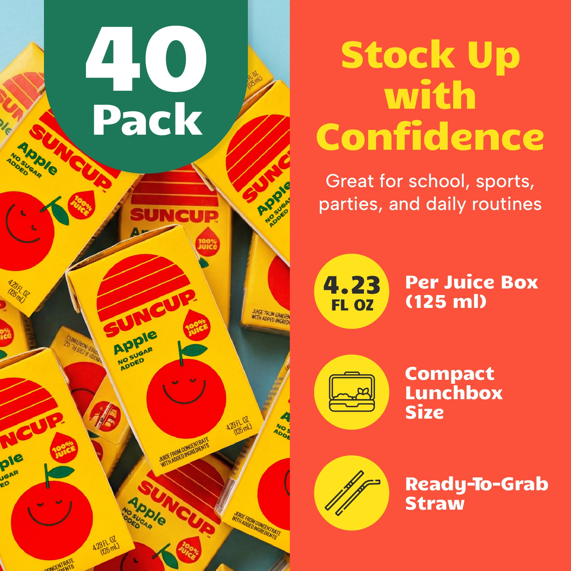 SunCup Juice - Apple Juice (40 Pack) 4.23 oz Juice Box with Straw | No Sugar Added, All-Natural Apple Blend for Kids, Bulk Pack for School Lunches, Snacks, or Travel