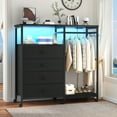 thumbnail image 5 of 3-in-1 Dresser with Clothes Rack, 4 Drawers, Charging Station, LED Lights, and Wheels, Rustic Brown Storage Chest for Bedroom, Living Room, Hallway（Textured Matte Black）, 5 of 10
