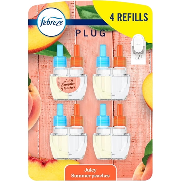 Plug In Air Freshener, Odor-Fighting Scented Oil Refill, Air Fresheners for Home and Bathroom and Kitchen, Long Lasting for Strong Odors, Juicy Summer Peaches Scent, 0.87oz Refills, 4 Count