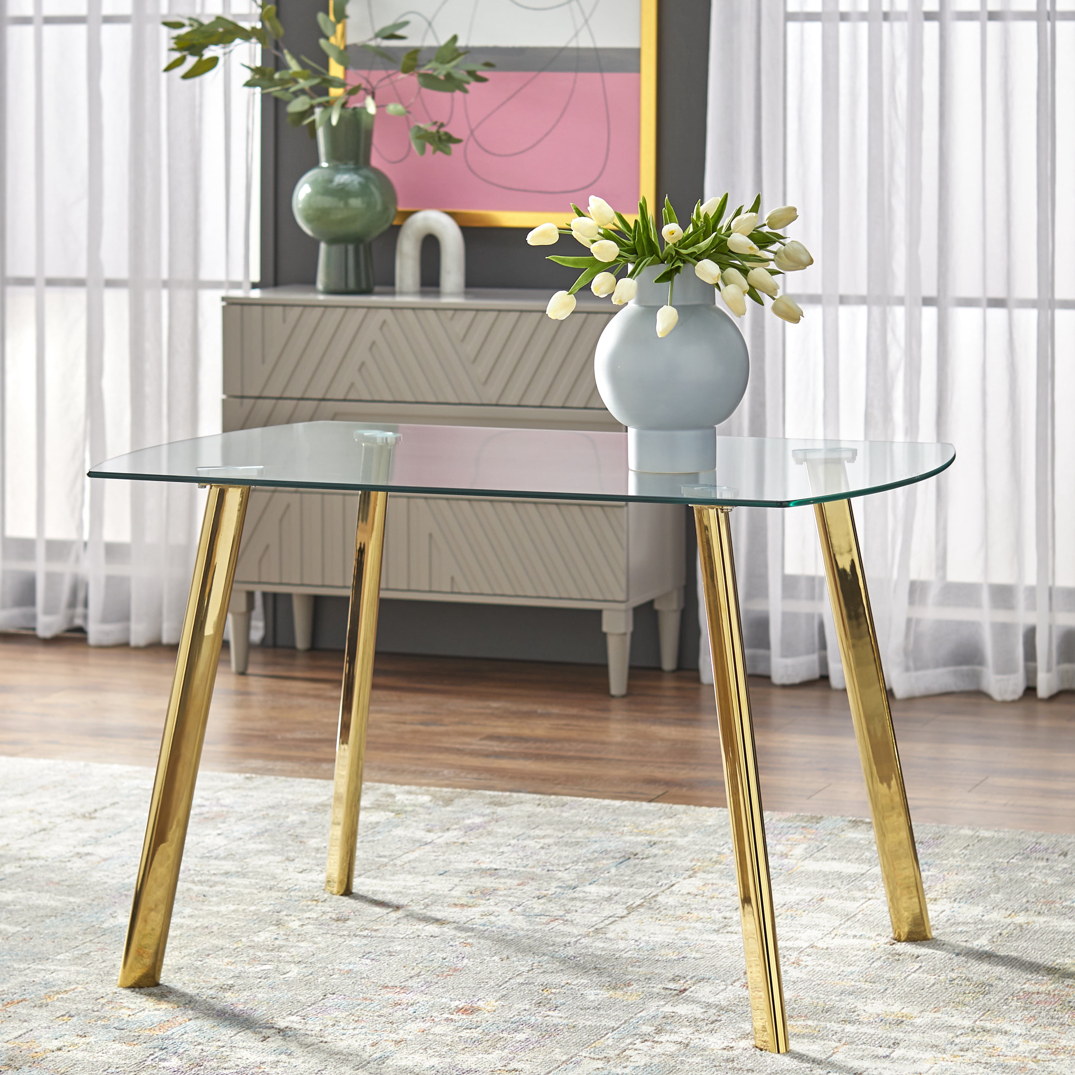 TMS Nola Indoor Dining Table with Tempered Glass Top and Gold-Tone Legs