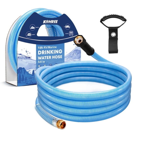 Kohree 15FT Upgraded RV Water Hose with Strap, 5/8" Drinking Water Hose, Reinforced PVC Design w/Strain Relief Ends for RV, Camper, Truck