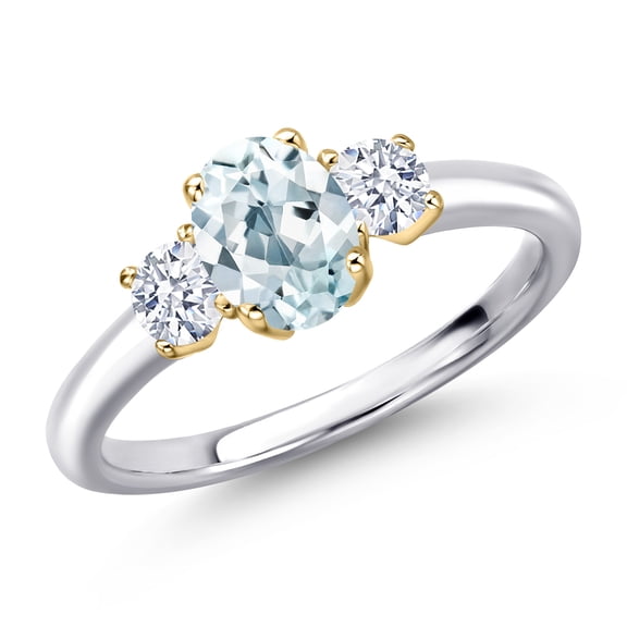 Gem Stone King 10K Two Tone Gold Sky Blue Aquamarine and White Zirconia Engagement Ring for Women | 1.40 Cttw | Oval 7X5MM | Gemstone March Birthstone | Size 7