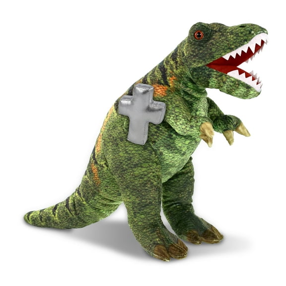 DolliBu Wild Collection T-Rex Dinosaur Stuffed Animal with Silver Cross Plush - Baptism Gifts for Boys and Girls, Dedication Christening Gifts Plush Prayer Toy Healing Stuffed Animal - 16 Inches