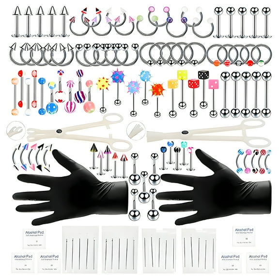 BESTSKY 120Pcs Piercing Kit with Stainless Steel Piercing Needles,Includes Nose Rings,Lip Studs,Eyebrow and Belly Button Piercings