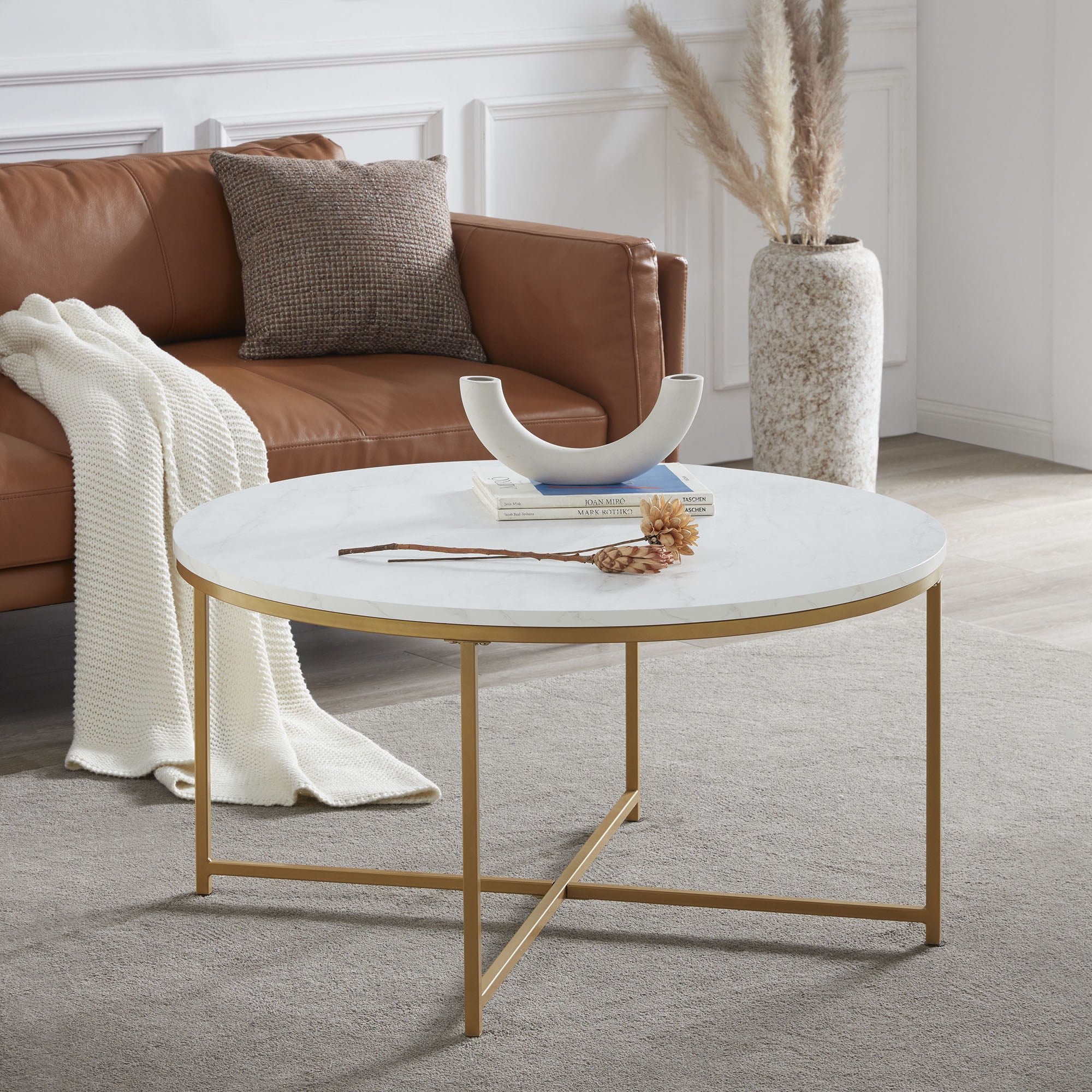 BELLEZE Modern Round Coffee Table Accent Table Home Decor, Marble