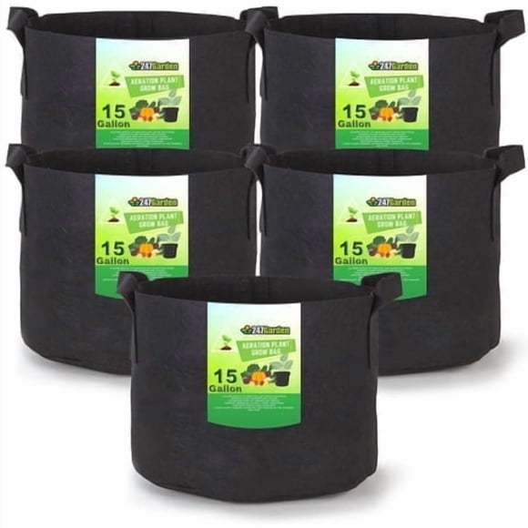 247Garden 5-Pack 15-Gallon Aeration Fabric Pot/Plant Grow Bag w/Handles (260 GSM, Black, 14.5H x 17D)