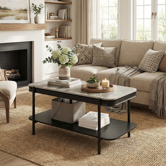 Resenkos 2-Tier Modern Rectangular Coffee Table, Sintered Stone Top Storage Table for Living Room, Gray