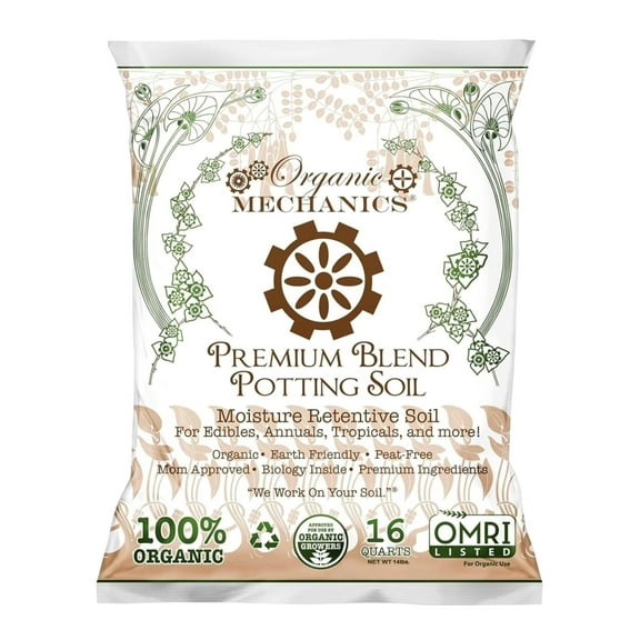 Organic Mechanics Premium Blend Potting Soil, 16 qt - Moisture-Retentive, Peat-Free, Compost - Enriched Mix with Worm Castings & Perlite for Houseplants, Annuals, Veggies & Tropical Plants