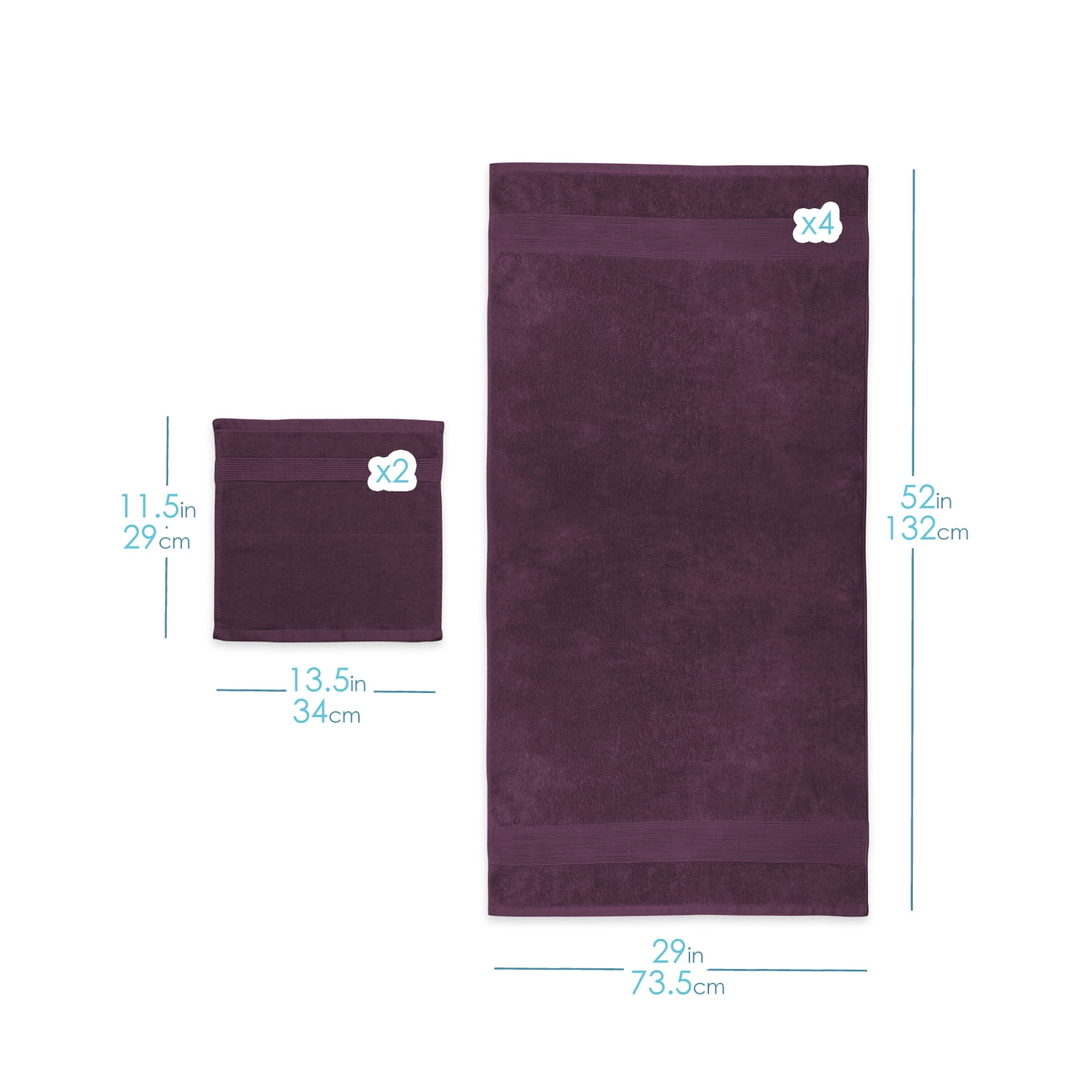 Clara Clark Bath Towels Set, 100% Cotton Luxury Soft Set of 12 Multipurpose Wash Cloths, Purple