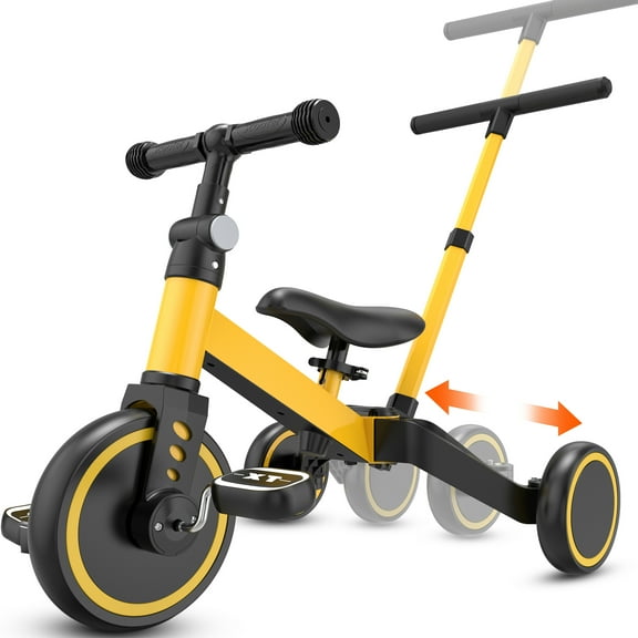 TNTANTS 4 in 1 Toddler Bike, Kids Tricycle for 1-5 Years Old, Toddler Tricycle for Boy Girl, Baby Balance Bike with Parent Steering Push Handle, Removable Pedal, Adjustable Seat Yellow