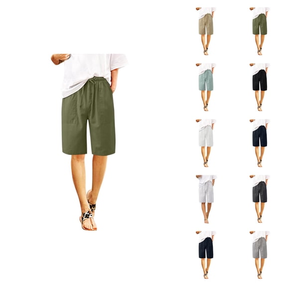 Womens Bermuda Shorts Elastic Waistband Drawstring Pockets Cotton Breathable Knee Length Bermuda Long Shorts for Women