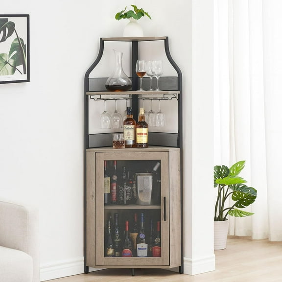 Corner Wine Bar Cabinet with Large Storage Space and Removable Wine Rack, Coffee Bar Cabinet with Glass Holder and Mesh Door, 4-Tier Liquor Cabinet Bar, Grey
