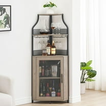Corner Wine Bar Cabinet with Large Storage Space and Removable Wine Rack, Coffee Bar Cabinet with Glass Holder and Mesh Door, 4-Tier Liquor Cabinet Bar, Grey