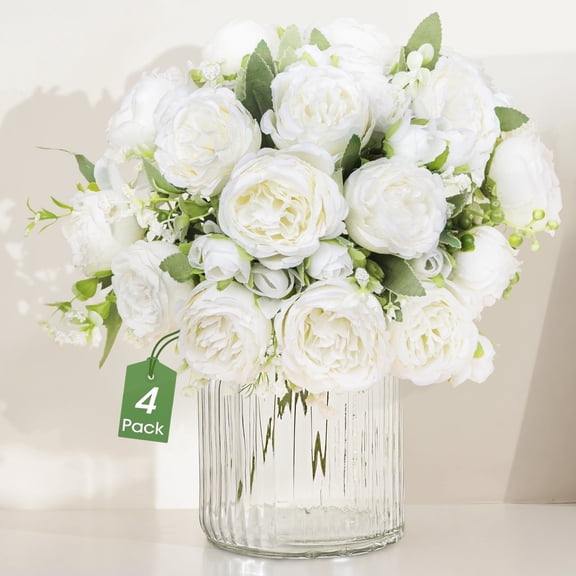 Scidweet 4 Bouquets Artificial Flowers Fake Peonies, Faux Peonies Silk Flowers for Indoor Home Party Table Wedding Decor, White