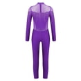 thumbnail image 5 of Kaerm Kids Girls Mock Neck Dance Jumpsuit Sheer Mesh Figure Skating Bodysuit Shiny Rhinestones Full Body Leotard Purple 14, 5 of 5