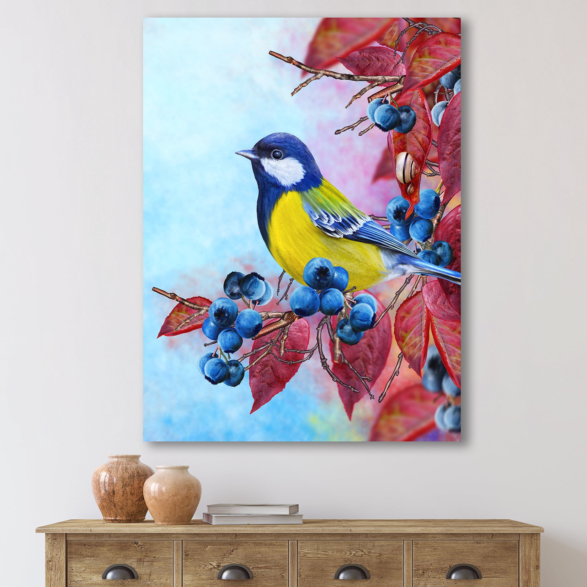 Bright Bird Bullfinch Sitting On A Branch of Berries II 12 in x 8 in Painting Canvas Art Print, by Designart