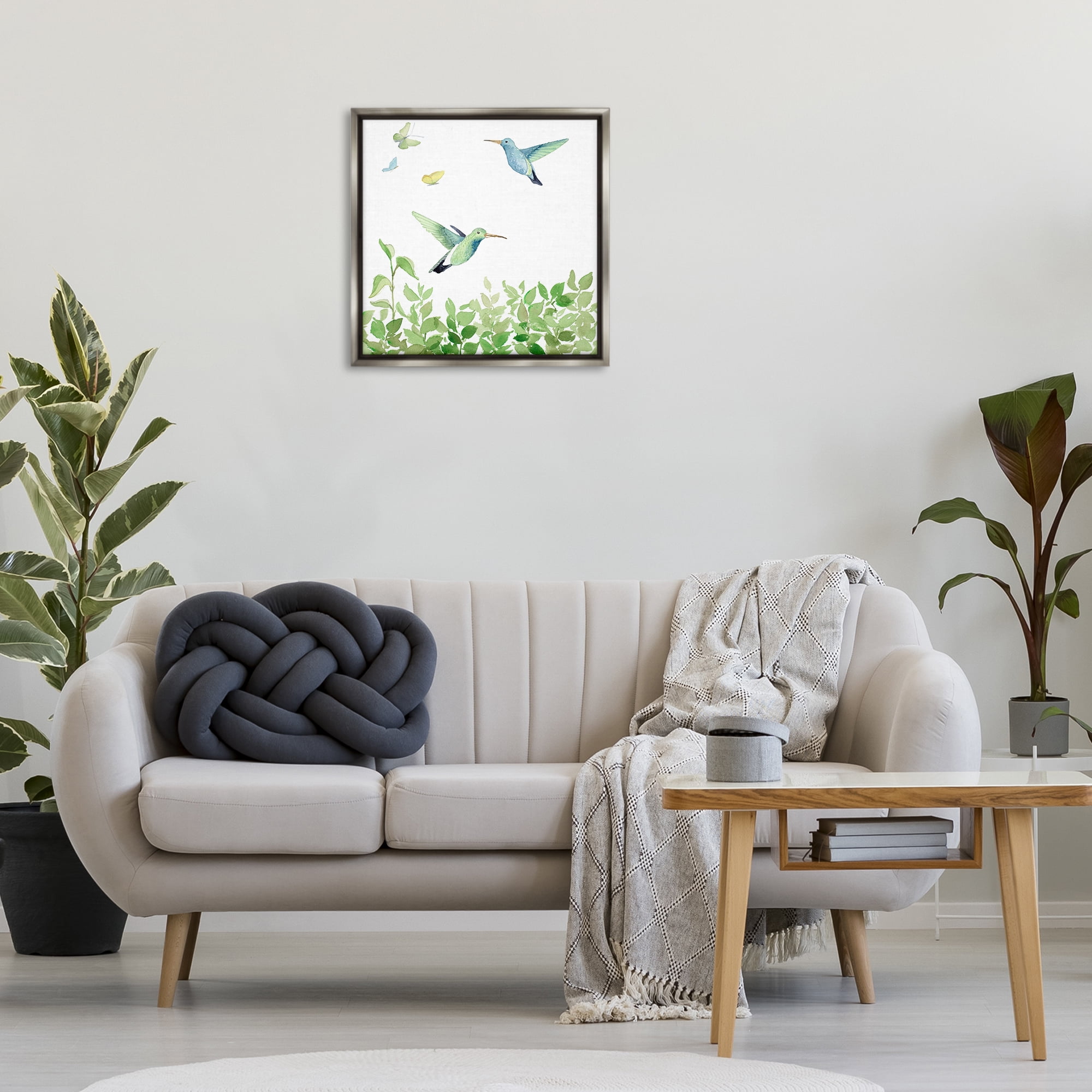 Stupell Industries Spring Hummingbirds Scene Animals & Insects Painting Gray Floater Framed Canvas Art Print Wall Art, 25 x 25