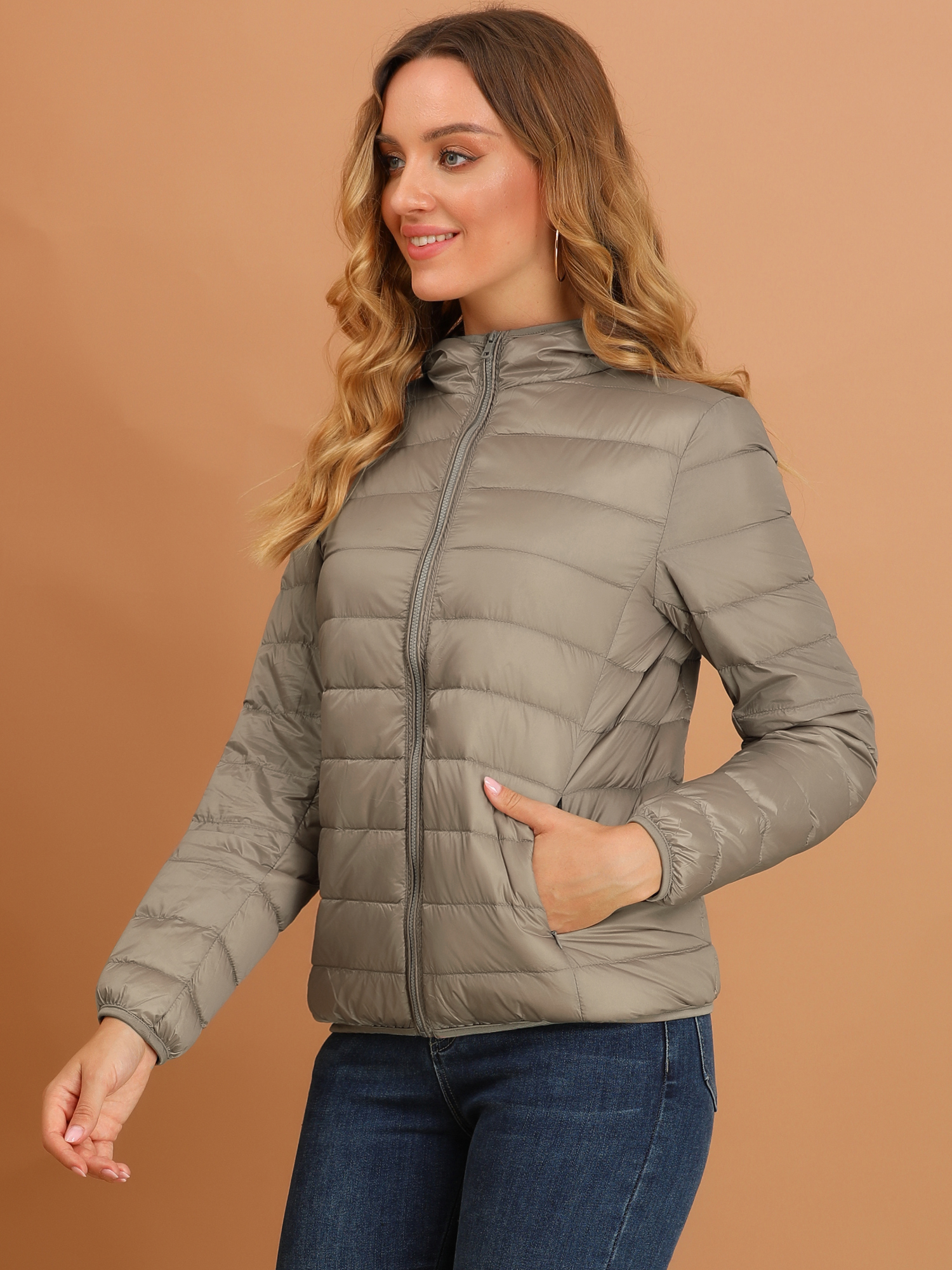 DARING DIVA Women's Hooded Zip Up Short Down Lightweight Jacket L Khaki