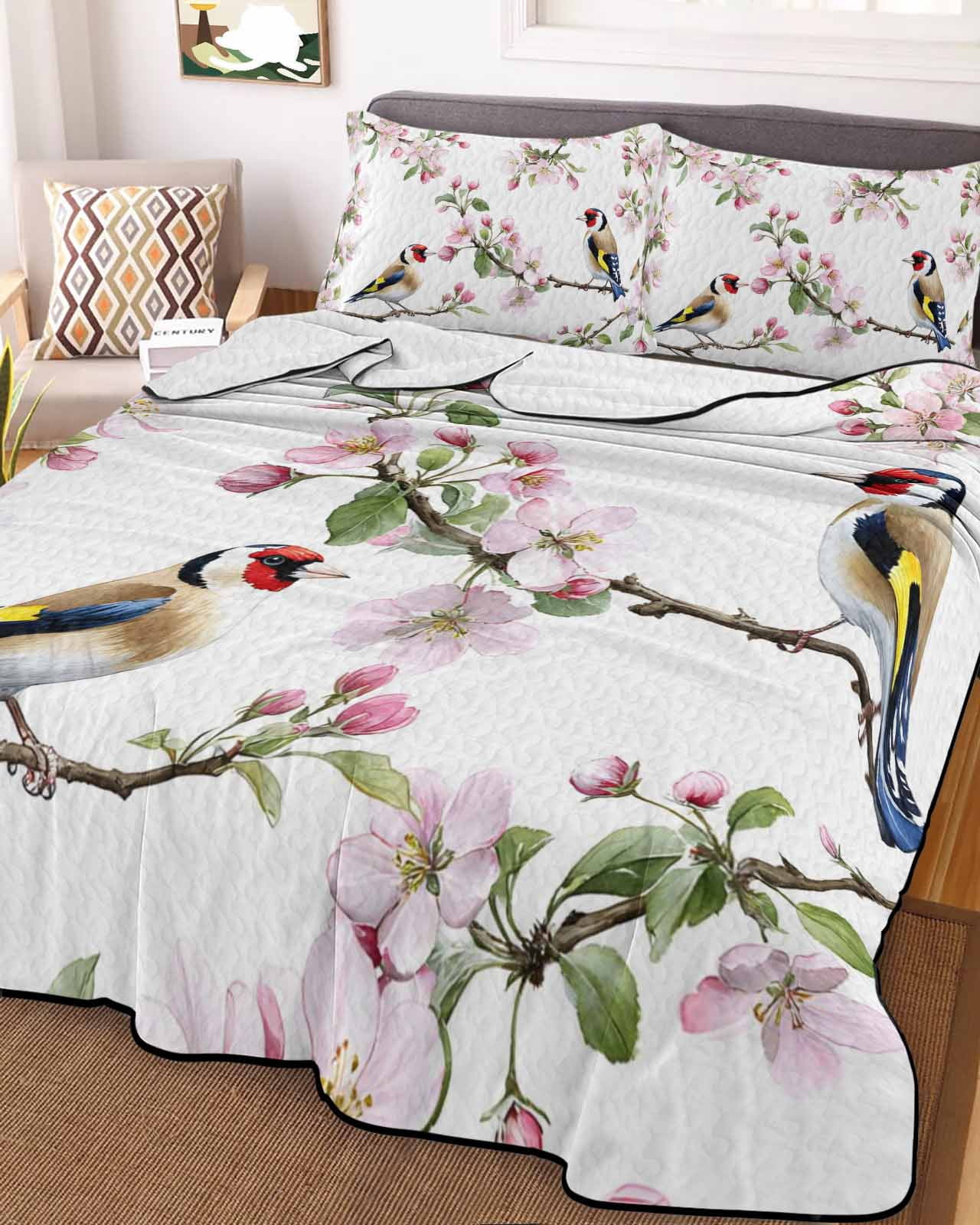 Floral Birds 3 Piece Quilt Bedding Set with 2 Pillow Shams, Spring Pink Cherry Blossom Birds Lightweight Bedspread Coverlet, Soft Breathable All Season Quilt, 96 x 106 Inch