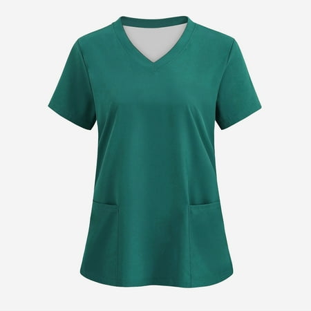 Womens Work Tops Summer V-Neck Basic Tees Short Sleeve Regular Fit Breathable Scrub Shirts with Pockets