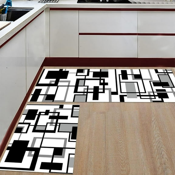 Black Grey Geometric Kitchen Mat Set 2 Piece Kitchen Rugs, Modern Abstract Art White Soft Non-Slip Rubber Backing Floor Mats Doormat Bathroom Runner Area Rug Carpet, 15.7x23.6in   15.7x47.2in