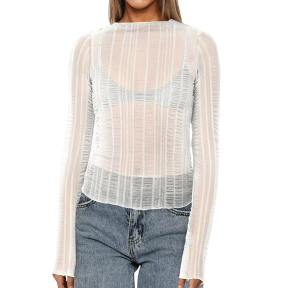 Women Sexy- See Through Long Sleeve T-Shirts Mesh Sheer Skinny Rib Scalloped Trim Tees Blouse Top Outfits White S