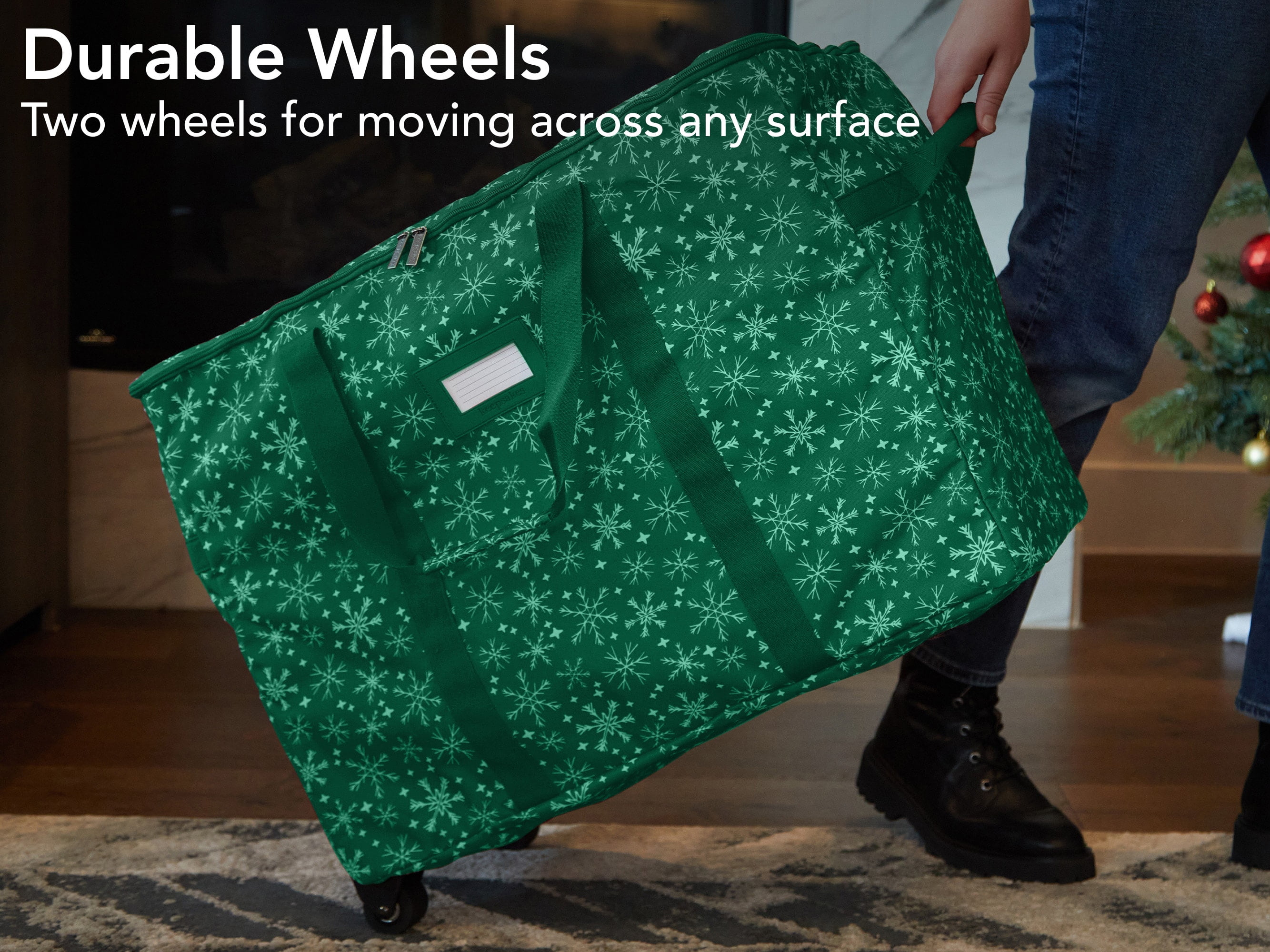 Covermates Keepsakes Rolling Treasurekeeper Storage Bag - Carrying Handles, ID Window, Dual Wheels - Holiday Storage, Green Snowflake