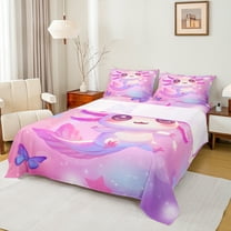 Homewish Cartoon Animal Axolotl Girl 3pcs Twin Sheet Sets,Flying Butterflies Twin Fitted Sheet,Dreamy Princess Breathable Flat Sheet,Super Cozy Room Decor