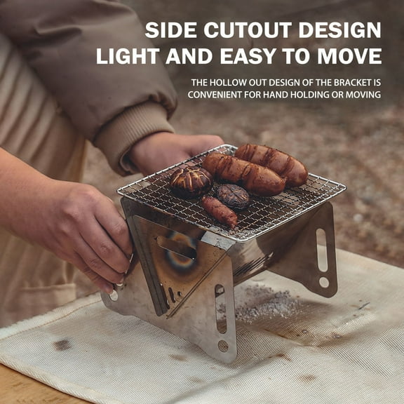 Portable Backpacking Stove with Grill Grid, Folding Stainless Steel Charcoal Grill, Ultralight BBQ Wood Burning Camp Stove for Hiking Picnic Garden Backyard Cooking,8.3*6.2*4.9IN